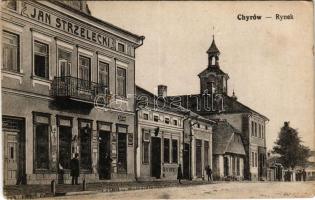 1915 Khyriv, Chyriw, Chyrów (Lviv); Rynek / market square, town hall, restaurant, publisher's shop (Jan Strzelecki) (worn corners)