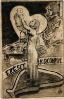 1942 Ezért harcolunk. Második világháborús magyar katonai grafikai művészlap, anya csecsemővel, tank / WWII Hungarian military graphic art postcard, mother with baby, tank. artist signed (r)