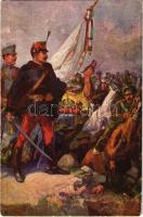 Ne bántsd a szent koronát! A m. kir. honvédelmi minisztérium hadsegélyező hivatala kiadása / WWI Austro-Hungarian K.u.K. military art postcard, patriotic propaganda, support fund s: Geiger R. (EM)