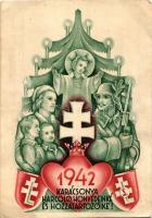 1942 Karácsonya Harcoló honvédeinké és hozzátartozóiké; levente szimbólumokkal. Tábori Postai Levelezőlap "Magyarország jövő békessége és felvirágzása - a szovjetoroszországi harcmezőkön dől el!" / WWII Hungarian military Christmas greeting with paramilitary youth organisation's symbols (gyűrődések / creases)