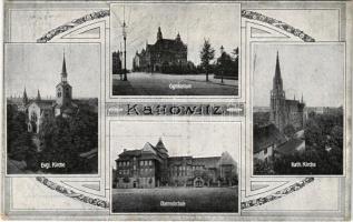 1918 Katowice, Kattowitz; Evgl. Kirche, Gymnasium, Kath. Kirche, Oberrealschule / Lutheran church, grammar school, Catholic church. Art Nouveau, floral (EK)