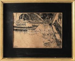 Csabai Wágner József (1888-1967): Comói-tó, 1934. Tus, papír, jelezve balra lent, hátoldalán a művész autográf feliratával. Dekoratív, kissé sérült fakeretben. 21x29 cm