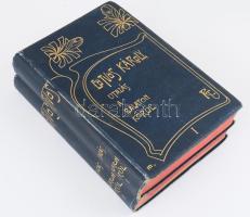 Eötvös Károly: Utazás a Balaton körül. I-II köt. Eötvös Károly Munkái I-II. Bp., 1901, Révai, 2 sztl. lev.+ 301+(3) p.; 2 sztl. lev.+ 299+(1) p. Kiadói aranyozott, szecessziós egészvászon-kötés, Gottermayer-kötés, festett lapélekkel, kissé kopott borítóval, helyenként kissé foltos lapokkal, az I. kötet hiányzó címlappal.