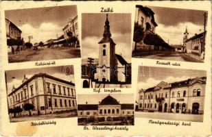 1942 Zsibó, Jibou; Rákóczi utca, református templom, Járásbíróság, Mezőgazdasági bank, Kossuth utca, Báró Wesselényi kastély. Végh kiadása / street view, Calvinist church, court, bank, castle (fa)
