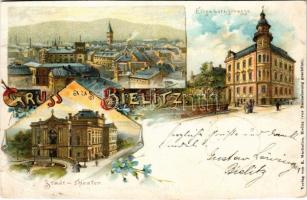 1898 (Vorläufer) Bielsko-Biala, Bielitz; Stadt-Theater, Elisabethstrasse / theatre, street view. Verlag von R. Machaliza Art Nouveau, floral, litho (cut)