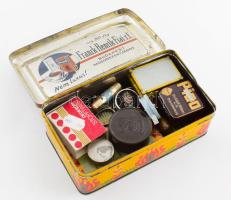 Zacskónyi díszdoboz és bolha tétel, közte antik olló, fémdobozok, stb.