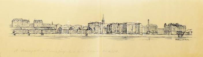 Gebhardt Béla (1901-1990): Budapest Duna part 1945. Tus, pausz, jelzett 14x50 cm