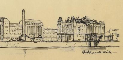 Gebhardt Béla (1901-1990): Budapest Duna part 1945. Tus, pausz, jelzett 14x50 cm