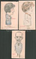 Gebhardt Béla (1901-1990): 3 db városházi ember karikatúra, aláírva az ábrázoltak által. Ceruza, papír, jelzett 18x10 cm