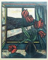 Krajcsirovits Henrik (1929-2007): Ablakban. Színes linómetszet, papír, jelzett, számozott (12/100), üvegezett keretben, 49×39,5 cm