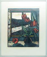 Krajcsirovits Henrik (1929-2007): Ablakban. Színes linómetszet, papír, jelzett, számozott (12/100), ...