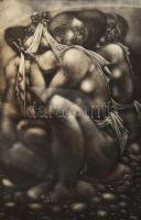 Tot, Amerigo (1909-1984): Kavicsasszonyok. Rézkarc, mezzotinto, papír, jelezve jobbra lent, üvegezett keretben, 39×26 cm