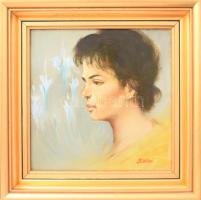 Kalcsó József (1952- ): Portré. Olaj, farost, jelzett. Dekoratív fakeretben, 20×20 cm