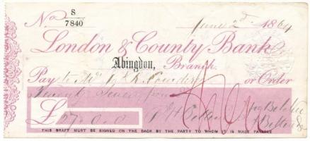 Nagy-Britannia / Abingdon 1864. "London &amp; County Bank" kitöltött csekk összesen 27P-ról, "One Penny" szárazpecséttel, hátoldalán aláírva T:F, lyuk Great Britain / Abingdon 1864. "London &amp; County Bank" filled cheque from value of 27 Pounds, with "One Penny" dry stamp, signed on the back C:F, hole