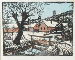 Réti Mátyás (1922-2002): Híd. Színes linómetszet, papír, jelzett, lap széle kissé foltos, üvegezett fakeretben, 25×32 cm