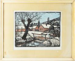 Réti Mátyás (1922-2002): Híd. Színes linómetszet, papír, jelzett, lap széle kissé foltos, üvegezett ...