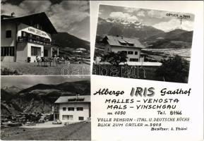 1961 Malles Venosta, Mals Vinschgau; Albergo Iris Gasthof / hotel, guesthouse, mountains, automobile. Photo L. Ebner (gyűrődés/crease)
