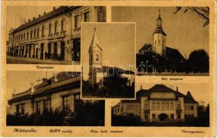 1948 Mátészalka, utcarészlet, római katolikus és református templom, MÁV osztály, vármegyeháza, gyógyszertár, mezőgazdasági bank (Rb)