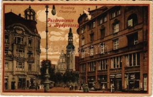 1926 Bydgoszcz, Bromberg; Theaterplatz, Germania, Cigarren, Robert Böhme, Palast Cafe, Automat. B. Sch. B. / square, theatre, shops, cafe, tram (surface damage)