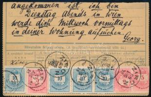 1889 Táviratlap darabja Színesszámú 3 x 5kr + 4 x 10kr bélyegekkel, "ZIRC"