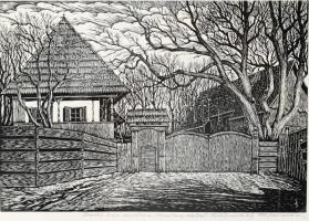 Simon, Blaise (Balázs) (1938-): Tamási Áron szülőháza (Erdély), 1991. Linómetszet, papír, jelzett. Üvegezett fakeretben. 22x32 cm