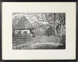 Simon, Blaise (Balázs) (1938-): Tamási Áron szülőháza (Erdély), 1991. Linómetszet, papír, jelzett. Ü...