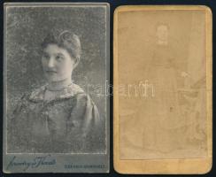 cca 1865-1900 Műtermi portrék, 2 db keményhátú fotó Ferentzy és Kováts és egy ismeretlen műteremből, sérült, 10,5×6,5 cm