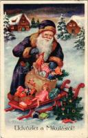 Üdvözlet a Mikulástól! / Saint Nicholas greeting art postcard (EK)