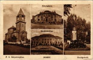 1941 Dorog, Római katolikus bányatemplom, Országzászló, Községháza, Munkásotthon. Kiadja a Dorogi Bányamunkások Hangya Szövetkezete (ázott sarok / wet corner)