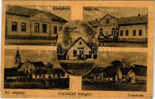 1942 Tök, Községháza, Kultúrház, református templom, utcarészlet, Hangya szövetkezet + "TÖK POSTAI ÜGYN." (EK)