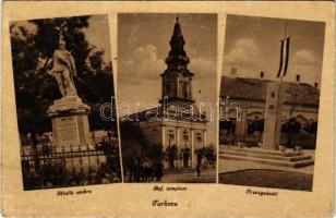 Túrkeve, Hősök szobra, Országzászló, Református templom. Czompó kiadása (EK)