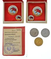 1968. "A Könnyűipar Kiváló Dolgozója" zománcozott fém kitüntető jelvény, miniatűrrel és igazolvánnyal, eredeti tokban + 1971. "A Könnyűipar Kiváló Dolgozója" zománcozott fém kitüntető jelvény, miniatűrrel és igazolvánnyal, eredeti tokban + 3db érme/érem dobozban T:AU-VF