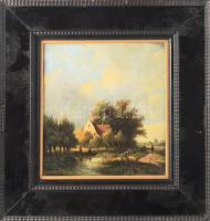 Olvashatatlan jelzéssel, feltehetően német festő, XIX. sz. közepe-második fele: Csónakázók és alak kutyával. Hátoldalán XIX. sz. második feléből származó müncheni galéria (J. Windhager's Kunsthandlung) és BÁV 23. aukció raglapjával. Olaj, fatábla, dekoratív fakeretben. 23x20 cm