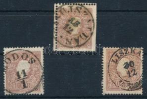 1858 10kr 3 db bélyeg, az egyik ollóval vágva (8.500)