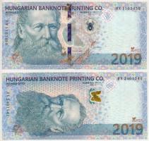 2019. "Herman Ottó" (2xklf) mintabankjegy pár tervezet, magyar nyelvű tájékoztatóval. Tervezte: Pálinkás György T:XF Hungary 2019. "Ottó Herman" (2xdiff) test banknote pair, with Hungarian description. Artist: György Pálinkás C:XF