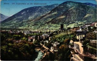 Merano, Meran (Südtirol); Die Serpentinen an der Gilfpromenade / promenade, stone bridge, river, mountains. Joh. F. Amonn (EK)