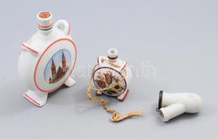Drasche emlékkulacs + Zsolnay porcelán kulacs + porcelán pipa, sérüléssel, m: 13 cm alatt