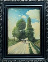 Karczaghy József (1862-), aradi festő: Hazafelé. Olaj, karton, jelezve jobbra lent. 35x25 cm. Dekoratív, kissé sérült fakeretben.