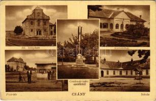 Csány (Heves), Római katolikus templom, iskola, Szeretetház, piac tér, Centenáriumi emlékmű országzászlóval. Özv. Horváth Richárdné kiadása (Rb)