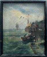 Mokry jelzéssel (Mokry-Mészáros Dezső?): Vízparti jelenet. Olaj, vászon. Sérült. 39,5x32 cm. Dekoratív, kissé sérült fakeretben.