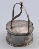 cca 1930 Art deco billenős fedelű szószkínáló, üveg betéttel, jelzett, m: 16 cm