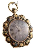 Női zsebóra. XIX. sz. közepe. 18K arany (Au) kézi zománcfestéssel. P. Aiguilles, jelzéssel, köves szerkezettel, kulccsal, működik d: 4 cm, br 27,9 g Women's pocket watch. Mid 19th century. 18K gold (Au) with hand enamel painting. P. Aiguilles, marked, stone mechanism, with key, works d: 4 cm, br 27.9 g