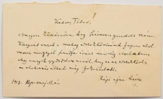 1913 Marczali Henrik (1856-1940) zsidó származású magyar történetíró, egyetemi tanár, névjegykártyája, rajta autográf soraival, de aláírása nélkül, "Kedves Tibor!" megszólítással és köszönet nyilvánítási sorokkal, hogy megküldte a könyvét.