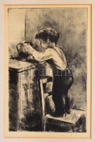 Iván Szilárd (1912-1988): Kíváncsi. Rézkarc, papír, jelzett, paszpartuban, 29×19 cm