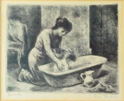 Iván Szilárd (1912-1988): Fürdetés. Rézkarc, papír, jelzett, üvegezett fakeretben, 18×22,5 cm