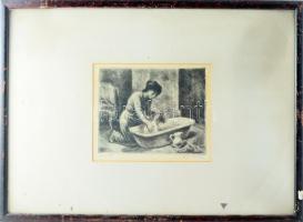 Iván Szilárd (1912-1988): Fürdetés. Rézkarc, papír, jelzett, üvegezett fakeretben, 18×22,5 cm