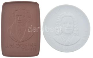 Német Demokratikus Köztársaság DN "Johann Sebastian Bach" jelzett meisseni porcelán érem (51mm) + DN "J.W. Goethe" jelzett meisseni porcelán plakett (60x42mm) T:1 German Democratic Republic ND "Johann Sebastian Bach" hallmarked Meissen porcelain medallion (51mm) + ND "J.W. Goethe" hallmarked Meissen porcelain plaque (60x42mm) C:UNC