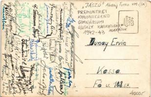 1942-43 Jászó, Jászóvár, Jasov; Premontrei Kanonkrend Gimnázium tablóképe karikatúrákkal, hátoldalon...