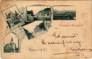 1898 (Vorläufer!) Kassa, Kosice; Indóház, vasútállomás, Rózsa utca, Fő utca, dóm. Breitner Mór kiadása / railway station, street, cathedral. Art Nouveau, floral (EB)