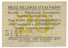 1920 k. Szombathely 20f "Népnyomda" utalvány, "5141" sorszámmal T:F Adamo SZO-9.1